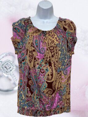 Chaps Denim-Women's Large Pullover Top Multi-Color Short Sleeve-Cotton